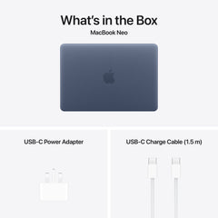 Unboxed accessories featuring charging cable and power adapter for 13-inch MacBook Neo Indigo at Tradeline.