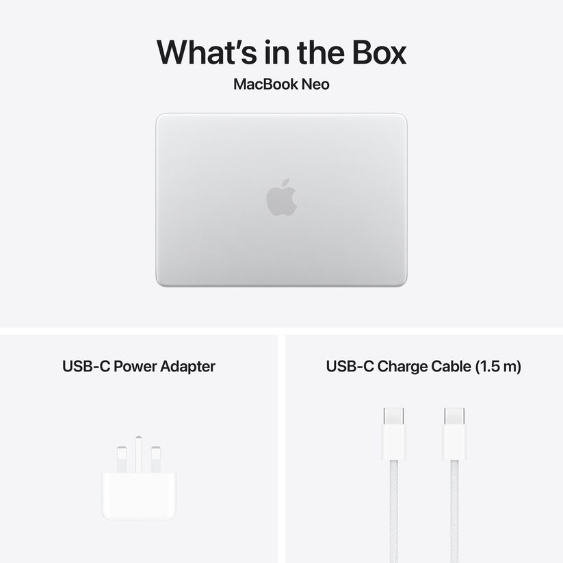 Package contents including USB charging cable and power adapter for 13-inch MacBook Neo Silver at Tradeline.