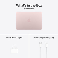 In-box accessories featuring power adapter and USB cable for 13-inch MacBook Neo Blush at Tradeline.