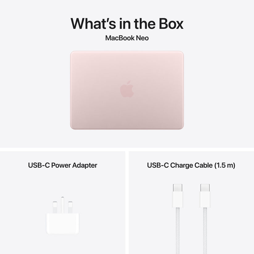 In-box accessories featuring power adapter and USB cable for 13-inch MacBook Neo Blush at Tradeline.