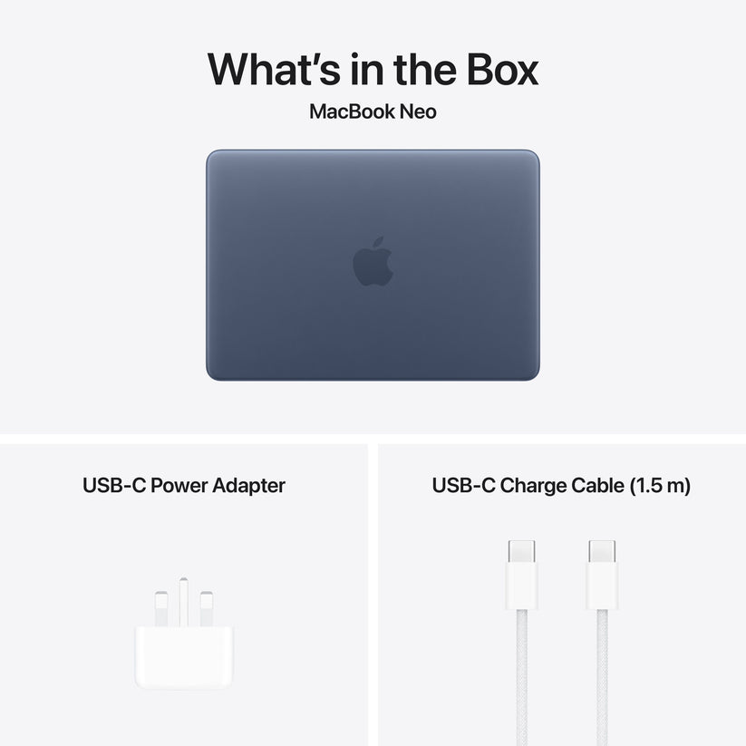 Included accessories inside the box with cable and power adapter for 13-inch MacBook Neo Indigo at Tradeline.
