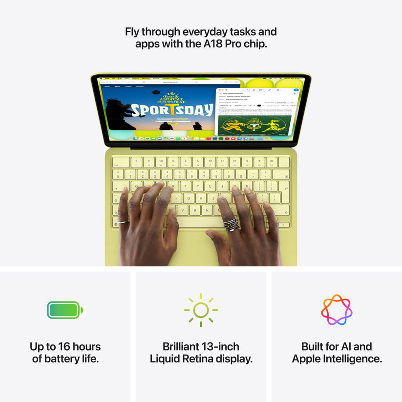 Feature Graphic showing up to 16 hours of continuous battery life on 13-inch MacBook Neo Silver at Tradeline.