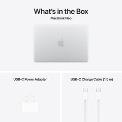 Original packaging accessories including cable and power adapter for 13-inch MacBook Neo Silver at Tradeline.
