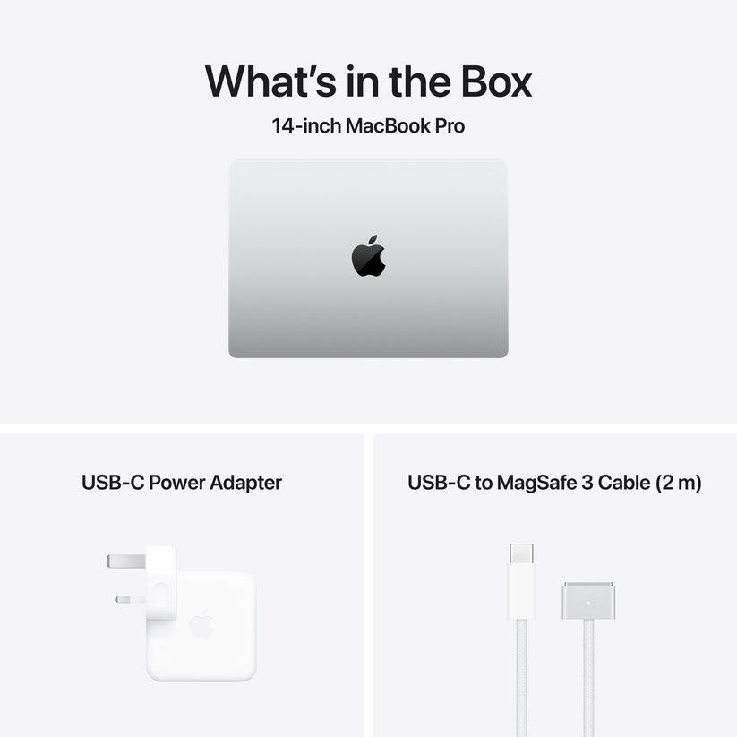 Out-of-box components detailing power adapter and USB-C cable for 14-inch MacBook Pro M5 1TB Silver at Tradeline.