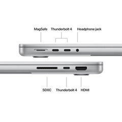 Side profile showing integrated connectivity ports on 14-inch MacBook Pro M5 1TB Silver at Tradeline.