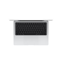 Overhead top perspective of the Magic Keyboard deck on 14-inch MacBook Pro M5 1TB Silver from Tradeline.