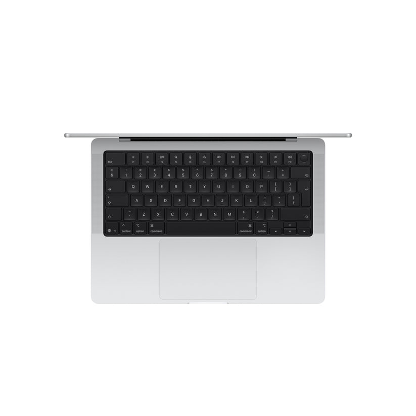 Overhead top view of the keyboard layout on 14-inch MacBook Pro M5 512GB Silver at Tradeline.