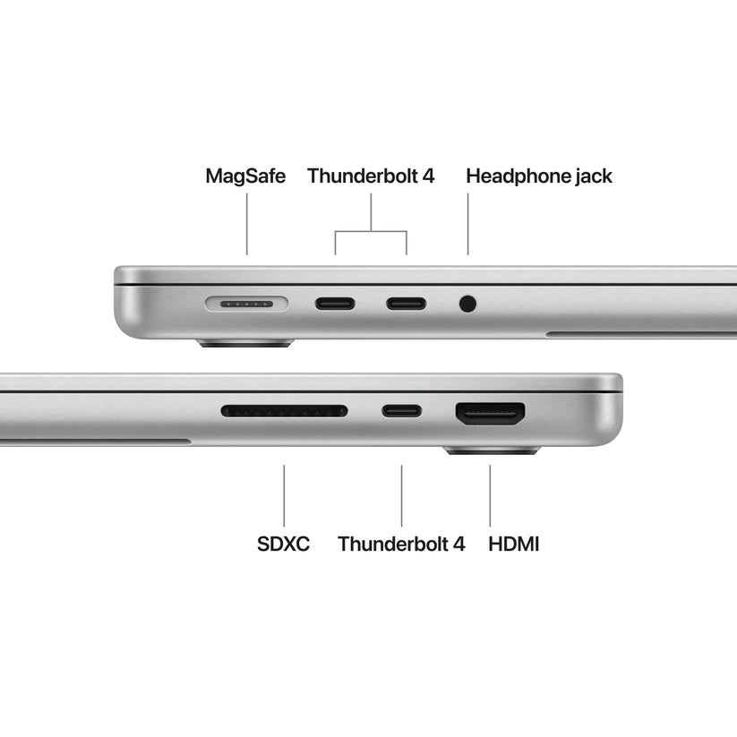 Side profile highlighting Thunderbolt ports on 14-inch MacBook Pro M5 512GB Silver at Tradeline.