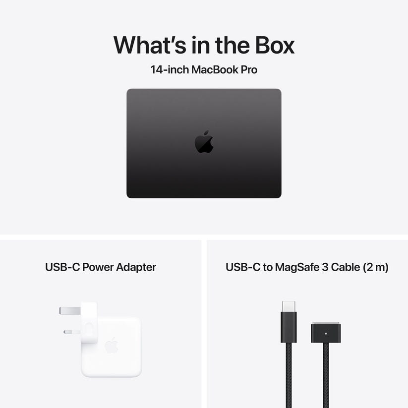 Unboxed retail accessories including cable and power adapter for 14-inch MacBook Pro M5 512GB Space Black at Tradeline.