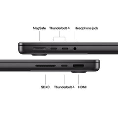 Close-up view of side expansion ports on 14-inch MacBook Pro M5 512GB Space Black at Tradeline.