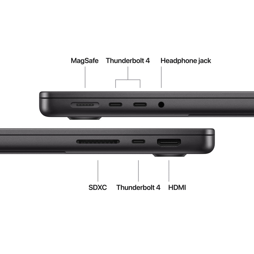 Close-up view of side expansion ports on 14-inch MacBook Pro M5 512GB Space Black at Tradeline.