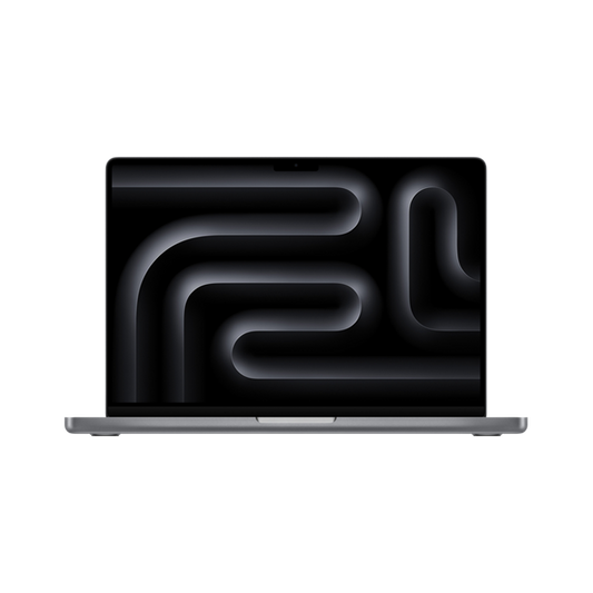 Open display front perspective of the 16-inch MacBook Pro M5 Pro 18-core CPU 1TB Space Black at Tradeline.