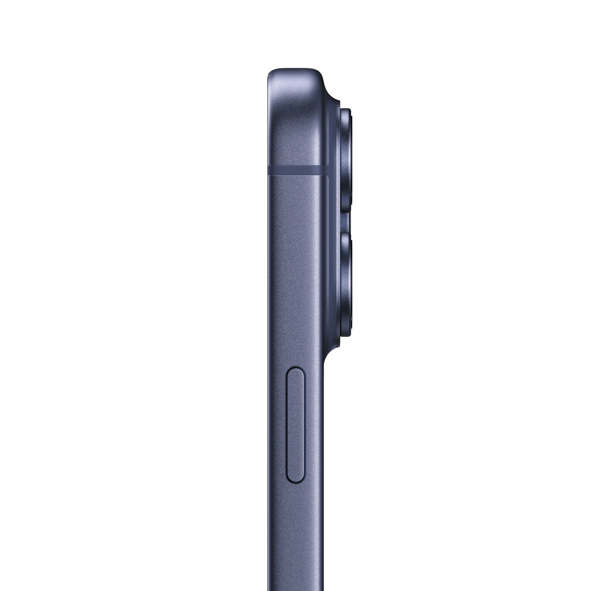 A side profile view of the iPhone 17 Pro Max in Deep Blue, showing the side button and the prominent rear camera module bump.