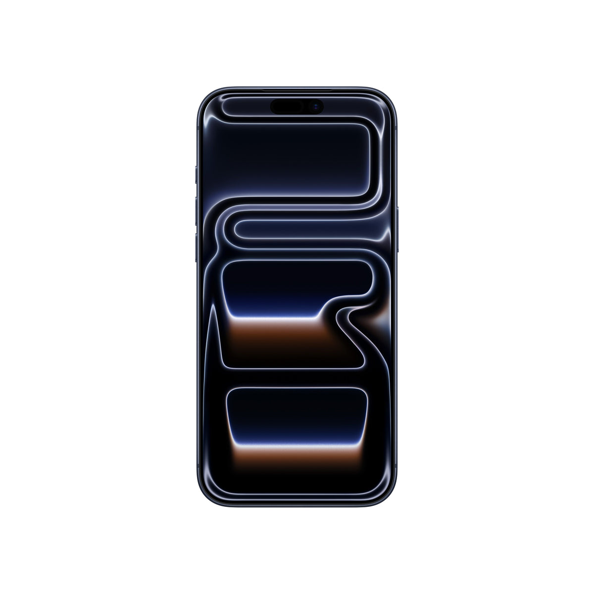 A front-facing view of the iPhone 17 Pro Max in Deep Blue, showing the edge-to-edge display with the Dynamic Island and an abstract, dark-toned wallpaper.