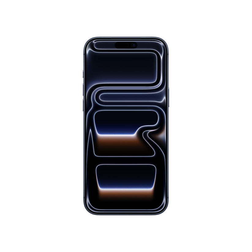 A front-facing view of the iPhone 17 Pro Max in Deep Blue, showing the edge-to-edge display with the Dynamic Island and an abstract, dark-toned wallpaper.