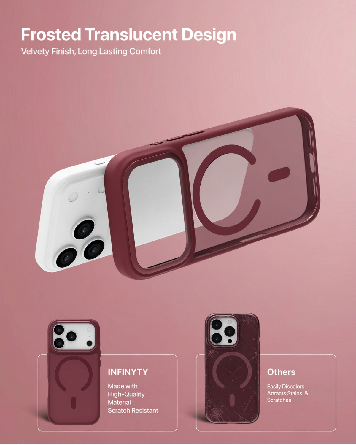 infyty MODO Frosted Soft Touch Case with Metallic Accents for iPhone 18 Pro - Burgundy