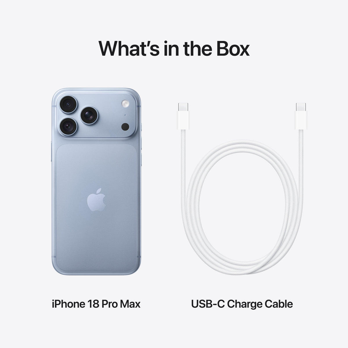 In-box content showing the cable and accessories for the iPhone 18 Pro Max 1TB Glacier at Tradeline.