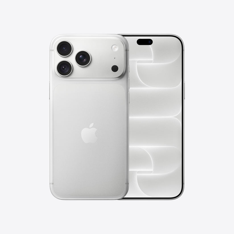 Front and back view display of the iPhone 18 Pro Max 1TB Silver available at Tradeline.