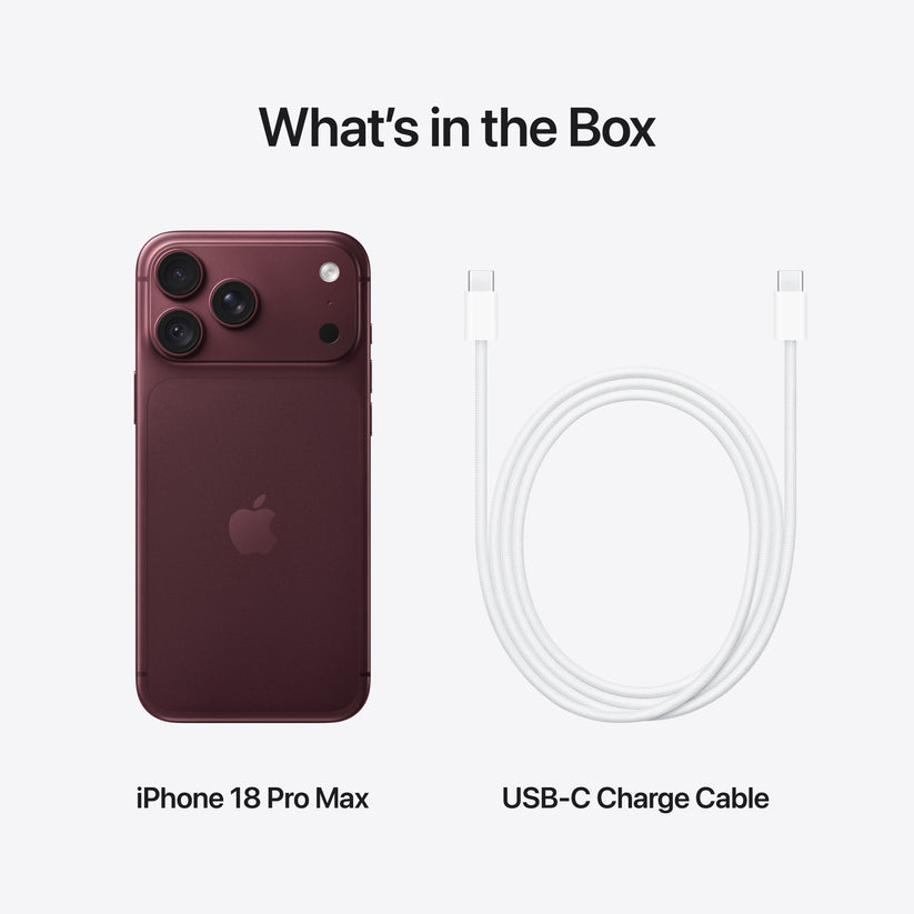 In-box content showing the cable and accessories for the iPhone 18 Pro Max 256GB Burgundy at Tradeline.