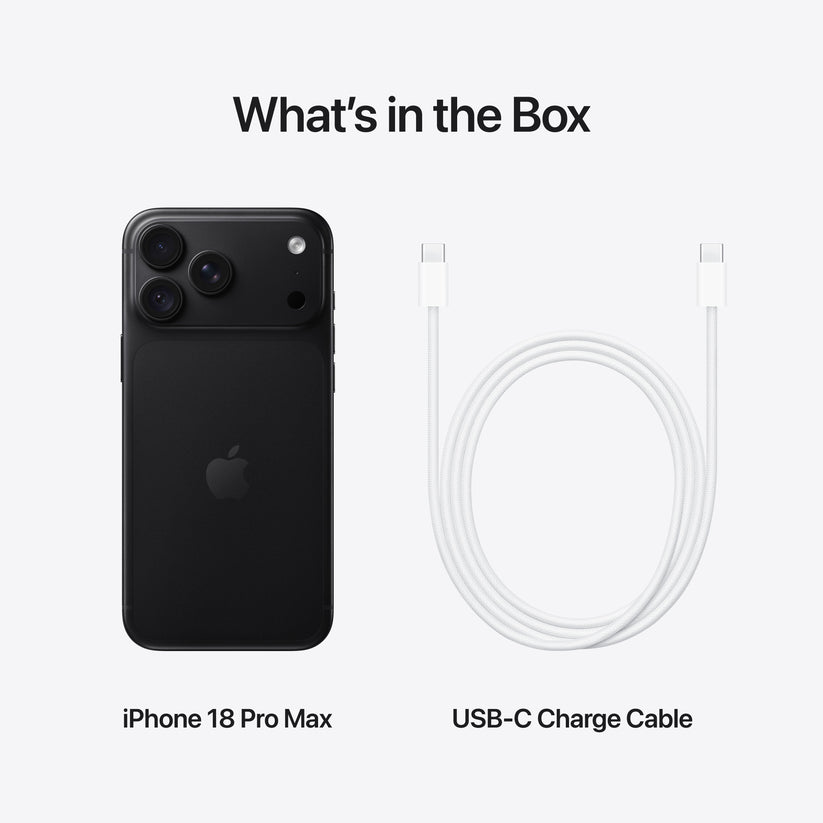 In-box content showing the cable and accessories for the iPhone 18 Pro Max 2TB Black at Tradeline.