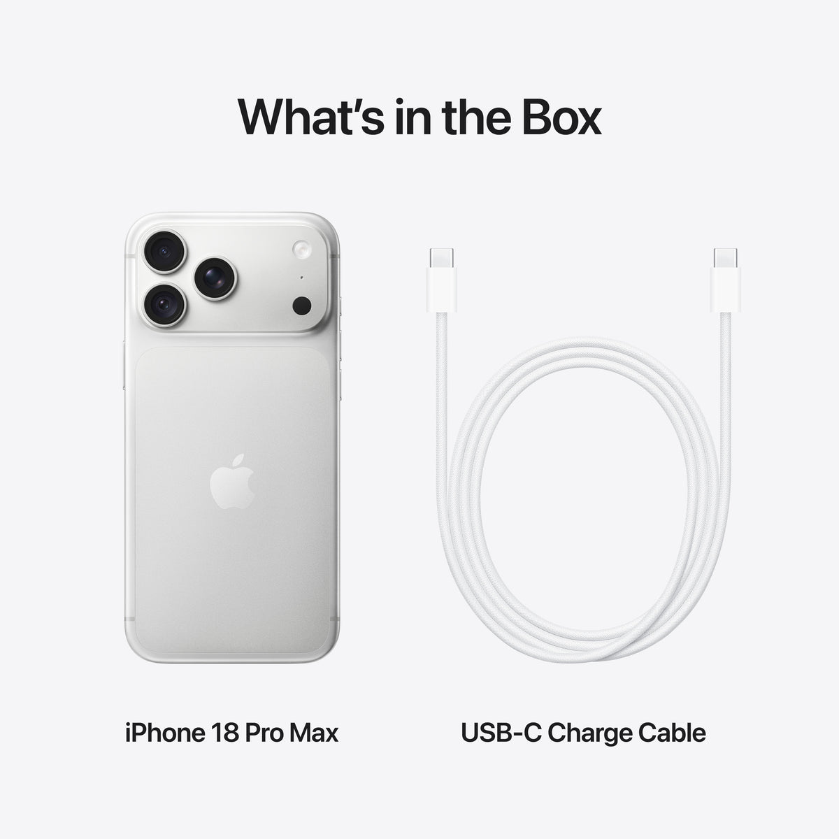 In-box content showing the cable and accessories for the iPhone 18 Pro Max 512GB Silver at Tradeline.