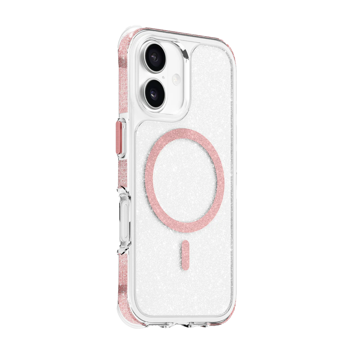 Side back perspective detailing the shock-dispersal corners of the Laut AERO SPARKLE iPhone 17 Crystal Pink durable casing at Tradeline Egypt.