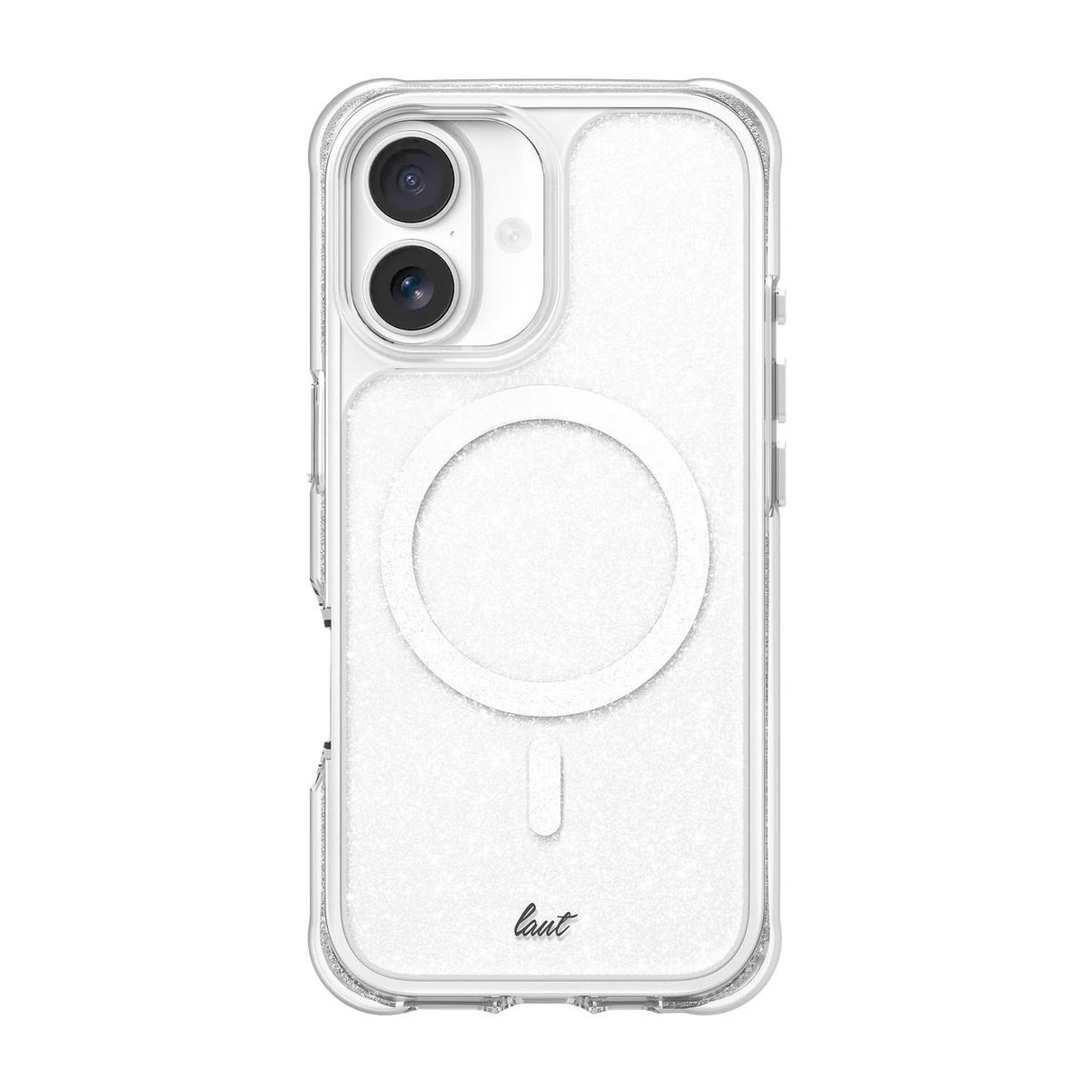 Rear view showing the scratch-resistant back panel of the Laut AERO SPARKLE case for iPhone 17 in Crystal Silver at Tradeline.