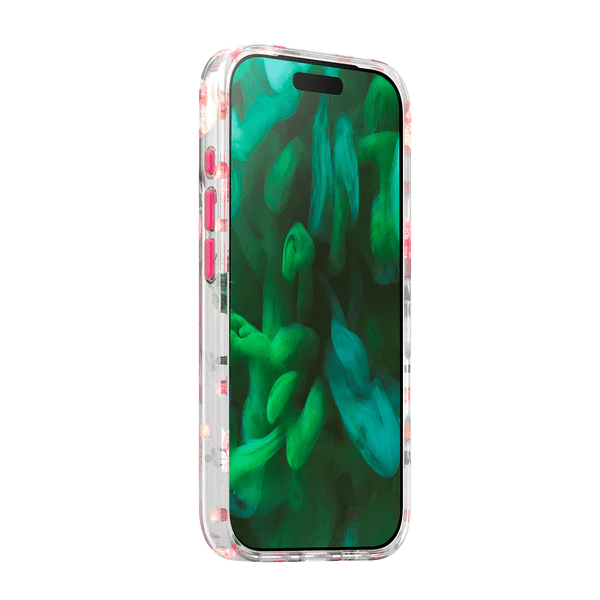 Side front perspective of the Laut BLOSSOM LUXE iPhone 17 Pro Pink Roses protective cover showcasing the shockproof frame from Tradeline Egypt.