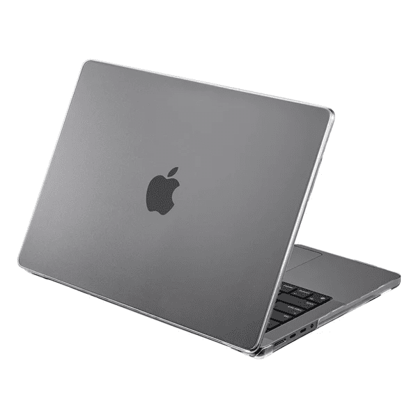 Quarterly open view of the transparent LAUT CRYSTAL-X hardshell case for MacBook Pro 16-inch 2023/2021 in Crystal available at Tradeline.