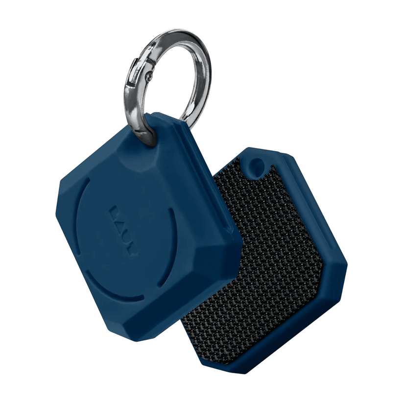Front face and back view of the protective crystalline LAUT HUEX GEM case for AirTag in Blue available at Tradeline.
