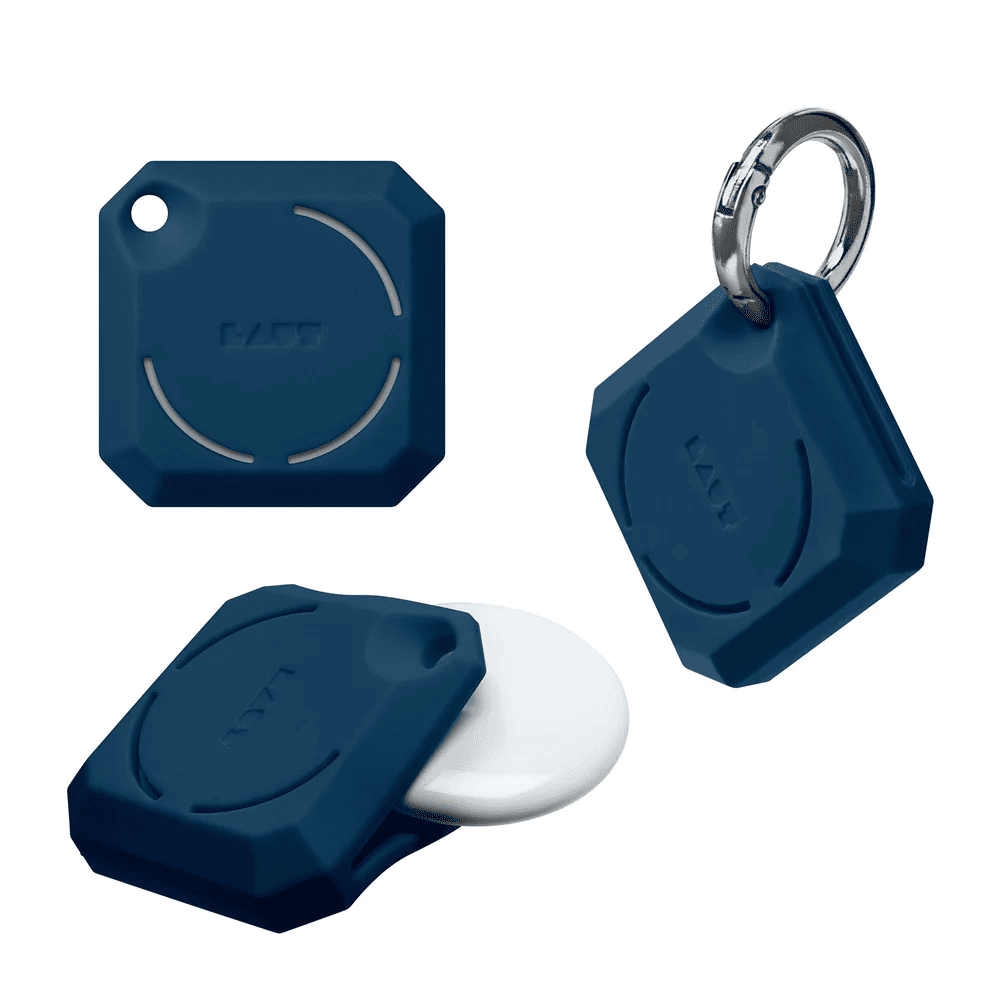 use case view highlighting the durable shell of the LAUT HUEX GEM companion loop for AirTag Blue at Tradeline.