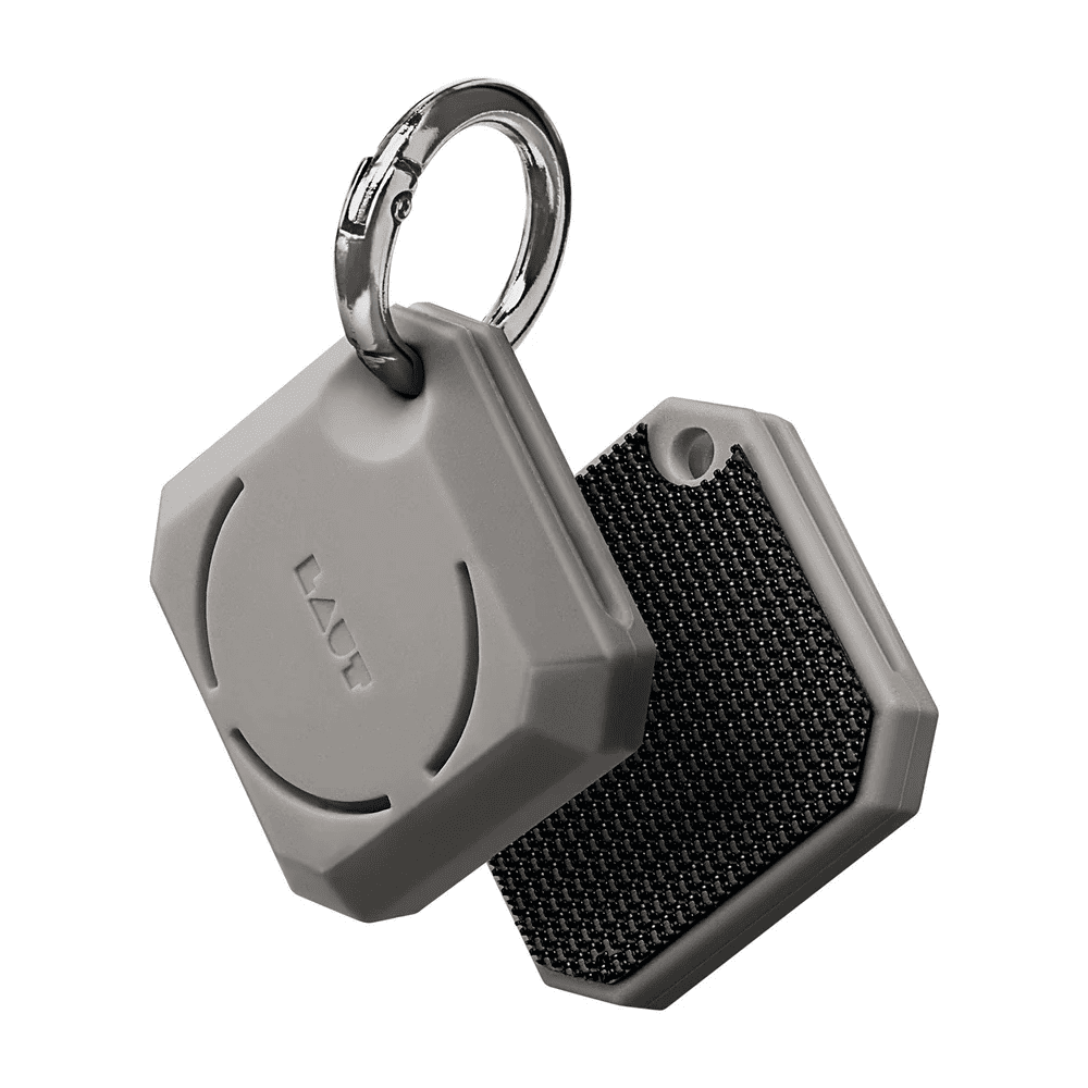 Front and back view of the geometric faceted LAUT HUEX GEM case for AirTag in Grey available at Tradeline.