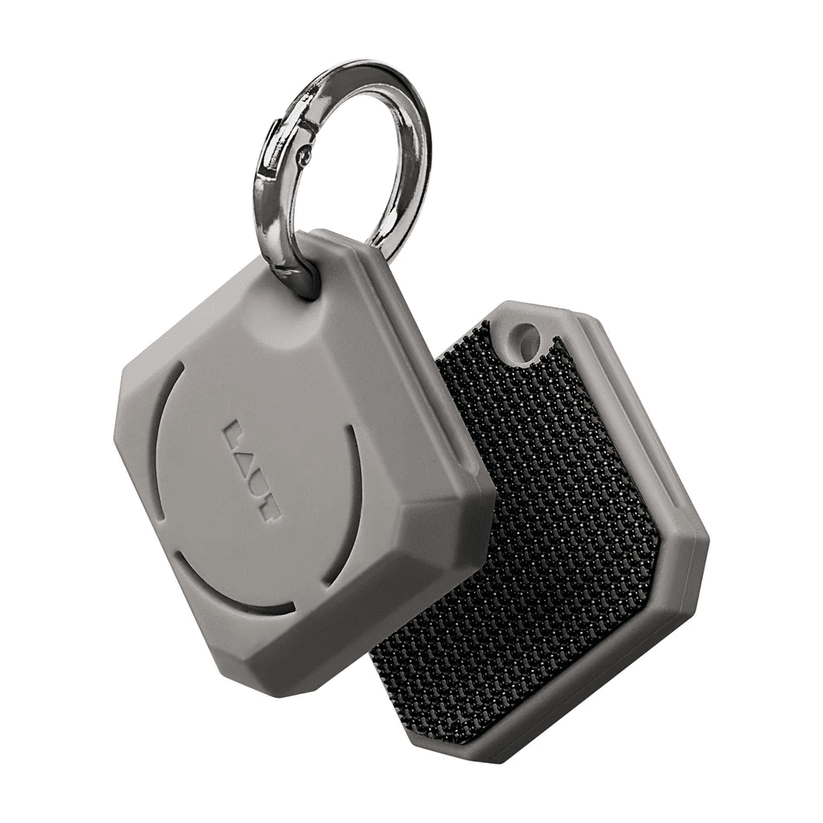 Front and back view of the geometric faceted LAUT HUEX GEM case for AirTag in Grey available at Tradeline.